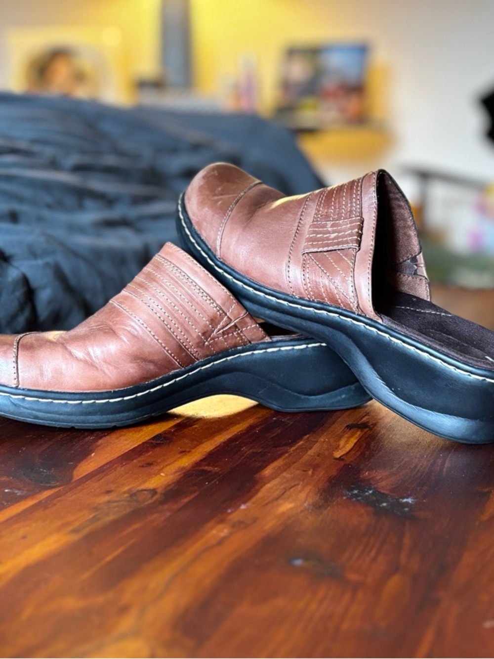 Clarks Brown Leather Slip-On Mules with Black Sole